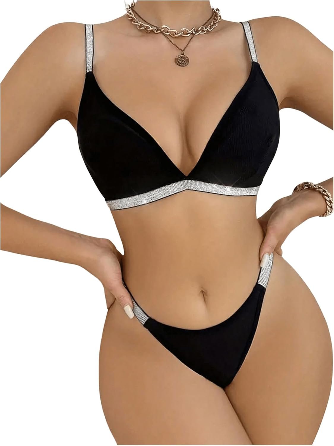 61DPKBwmOhL._AC_SL1500_.jpg Lingerie for Women Glitter Bra and Thong Panty Underwear Sets - Image 1
