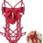 Women's sexy lace bodysuit set with bow detail; Valentine's Day selection